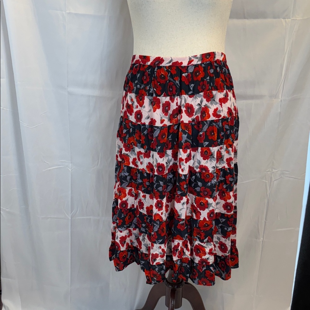 Requirements Vibrant Red and Black Floral Midi Skirt